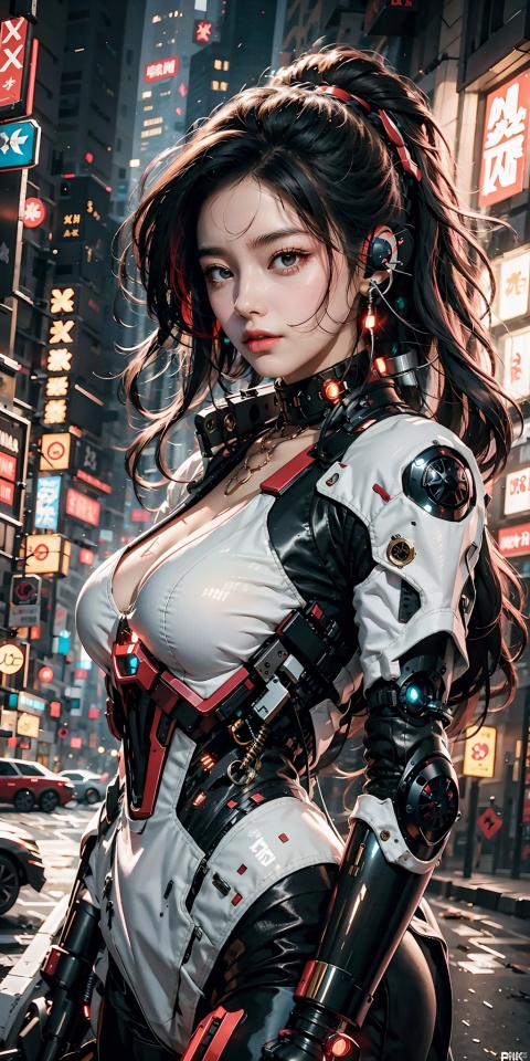 1 young sweet girl,solo,cyberpunk,glowing,black hair with red streaked,long hair,french braid,ponytai,mechanical earphones,cyberpunk earphones,beautiful red eyes,look at the camera,underarm exposed,the white breastplate on the chest,mecha,Hard surface,streamlined mecha,thin body,huge boobs,extremely detailed CG unity 8k wallpaper,masterpiece,(metal collar:1.3),night city background,skyscrapers,masterpiece,bestquality,Standing, black quality,masterpiece,best quality,dark persona,masterpiece,best quality,holding one sword in right hand,best fingers,full body