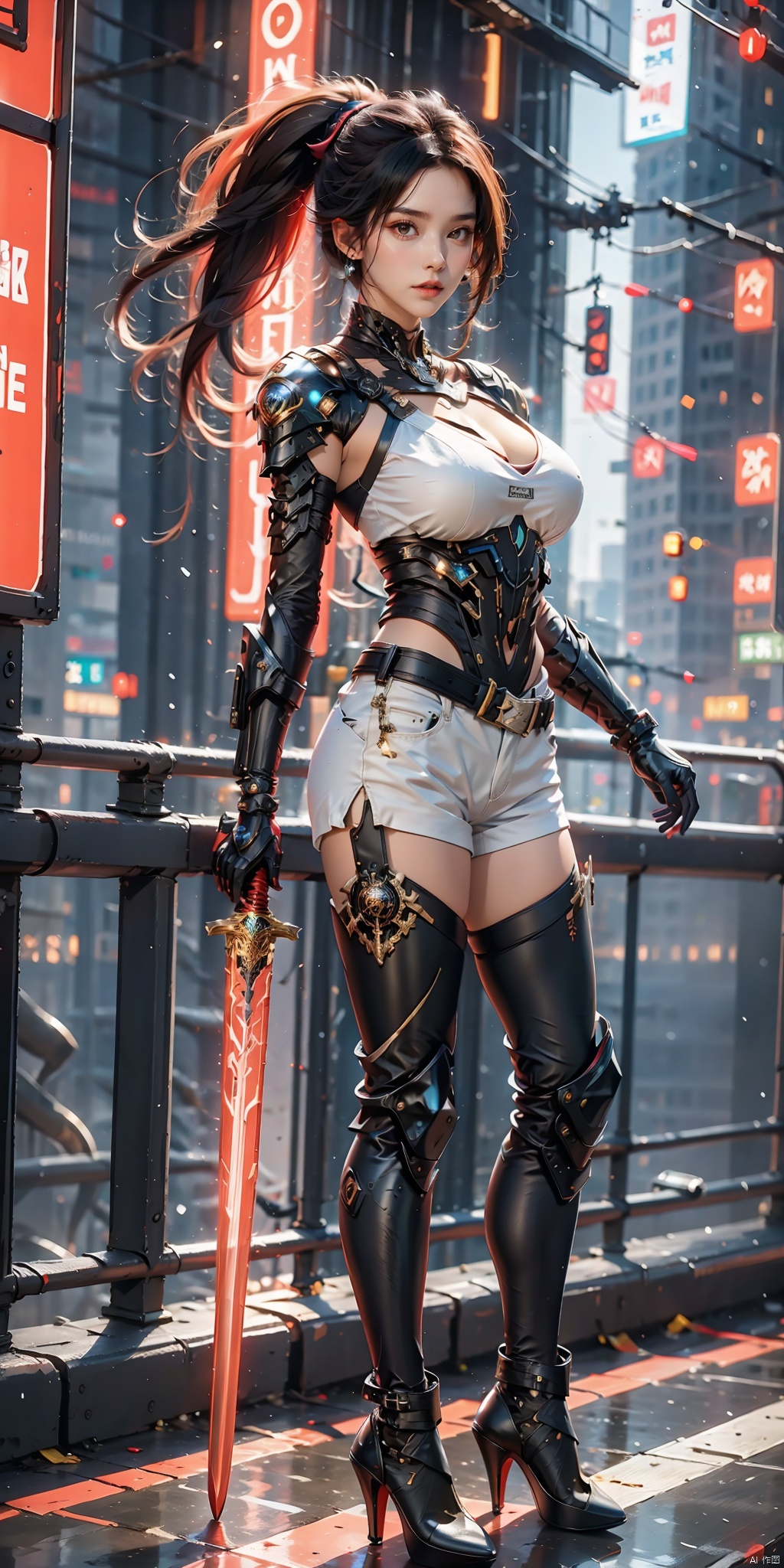 1 girl,solo,standing,full body,black hair with red streaked,long hair,ponytail,cyberpunk earphones,red eyes,look at the camera,underarm exposed,huge boobs,big breasts,dew shoulder,white mechanical breastplate,legs,bare thight,white short shorts,wear mechanical heels,hard surface breastplate,streamlined mecha,sword,flaming_sword,red_sword,holding,holding_sword,extremely detailed CG unity 8k wallpaper,masterpiece,night,glowing,cyberpunk city,skyscrapers,masterpiece,best quality,white mechanical breastplatr,white mechanical heels