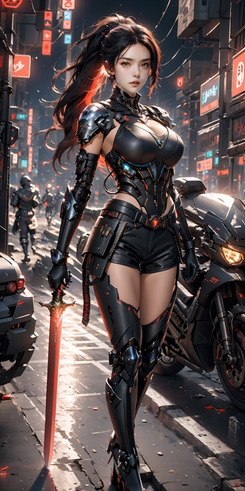 1 girl,solo,standing,full body,black hair with red streaked,long hair,ponytail,cyberpunk earphones,red eyes,look at the camera,underarm exposed,huge boobs,big breasts,dew shoulder,white mechanical breastplate,legs,bare thight,white short shorts,wear mechanical heels,hard surface breastplate,streamlined mecha,sword,flaming_sword,red_sword,holding,holding_sword,extremely detailed CG unity 8k wallpaper,masterpiece,night,glowing,cyberpunk city,skyscrapers,masterpiece,best quality, black quality,masterpiece,best quality,masterpiece,best quality