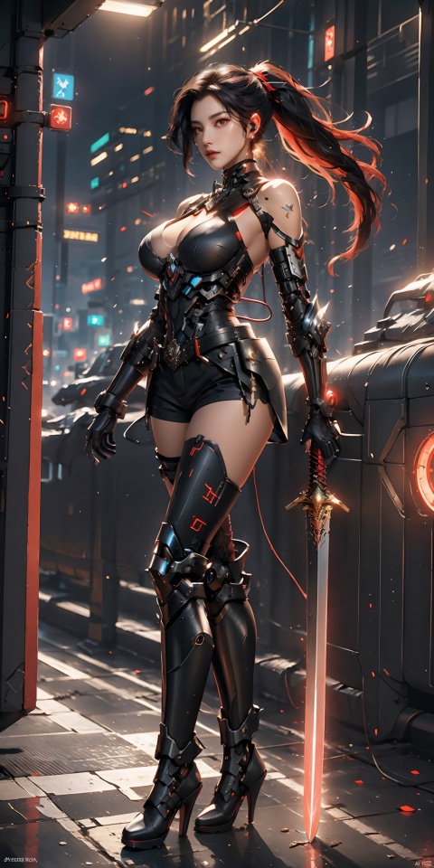 1 girl,solo,standing,full body,black hair with red streaked,long hair,ponytail,cyberpunk earphones,red eyes,look at the camera,underarm exposed,huge boobs,big breasts,dew shoulder,white mechanical breastplate,legs,bare thight,white short shorts,wear mechanical heels,hard surface breastplate,streamlined mecha,sword,flaming_sword,red_sword,holding,holding_sword,extremely detailed CG unity 8k wallpaper,masterpiece,night,glowing,cyberpunk city,skyscrapers,masterpiece,best quality, black quality,masterpiece,best quality,masterpiece,best quality