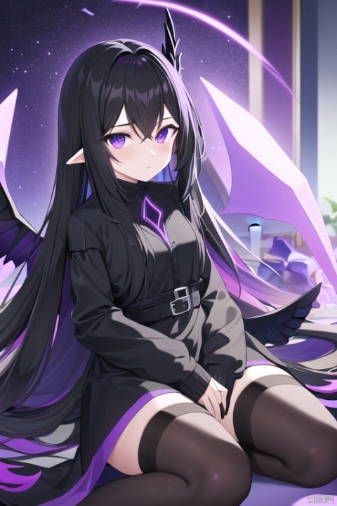  The ender dragon sister wearing black stockings and in jk and has long hair, black hair sitting on my knee by pushed There are purple particles around With black and purple wings