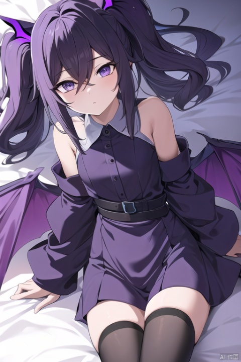 The ender dragon sister wearing black stockings jk and has long hear laying on the bed by pushed There are purple particles around With black and purple wings