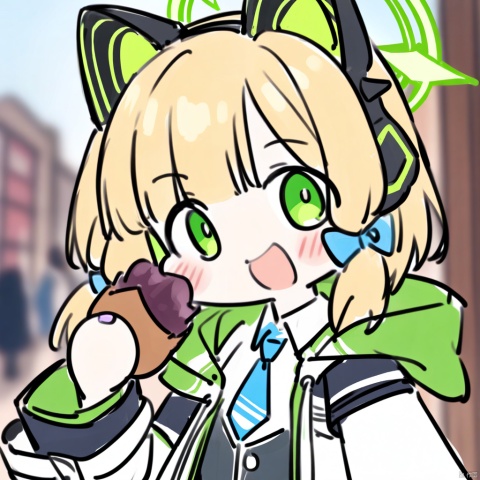 (sketch-style), (masterpiece),(best quality), animal ears,1girl, midori \(blue archive\),  aiamu iamu, holding food, holding, hooded jacket, food, sidelocks, :d, collared shirt, blurry, long sleeves, puffy sleeves, headphones,brown bow, hand up, necktie, upper body, halo, looking at viewer, jacket, sleeves past wrists, blush, nail polish, blue necktie, animal ear headphones, blurry background, blonde hair, shirt, green eyes, hood down, open clothes, depth of field, hood, smile, white jacket, fake animal ears, bow, puffy long sleeves, open jacket, solo, dress shirt, animal ears, white shirt, blue nails, hair bow, long hair, drawstring, sweet potato,