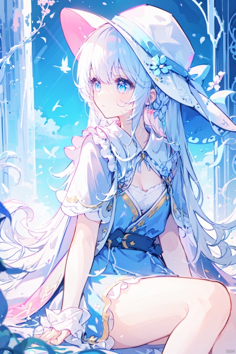 1 girl, alone, sitting, white hair, long hair, (blue eyes), looking far away, magic girl, blue-white cloak, pink silk lead decoration, white magic hat, flowers, thighs, calm expression, breeze, focus_blur,(bestquality),(masterpiece),backlight,C cup,White lining, short sleeves, narrow sleeves