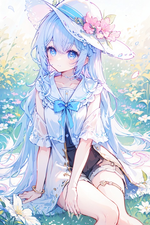1 girl, alone, sitting, white hair, long hair, (blue eyes), looking far away, ((magic girl)), blue-white cloak, pink silk lead decoration, white magic hat, flowers, thighs, calm expression, breeze, field,(bestquality),(masterpiece),backlight,(C cup),White lining, short sleeves, narrow sleeves,a bad smile,Shorts,leg ring