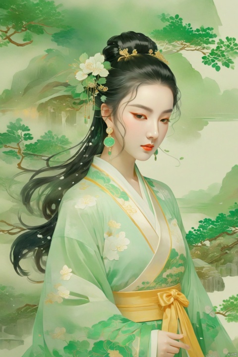  upper body,masterpiece,32k,extremely detailed CG unity 8k wallpaper, best quality, china goddess,1girl, long hair, black hair,see through hanfu,transparent shawl,1girl,sole_female,standing,green,gold hairpin,
((upper_body)),long hair,earrings,jewelry,face focus, (perfect face), shiny skin, 
dress,(cloud pattern print hanfu), hanfu, 
forest, night background,metal,water, wet, 
masterpiece, best quality,depth of field, cinematic composition, best lighting,light master,RAW photo, dslr, film grain, Fujifilm XT3, night shot, light master,