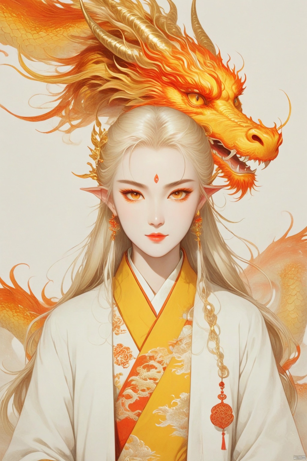  Female Oriental Dragon King, golden eyes, long ears, long golden beard, supernatural energy, chest emblem, brown and yellow horns, white and blonde hair, fire element coat, monkren