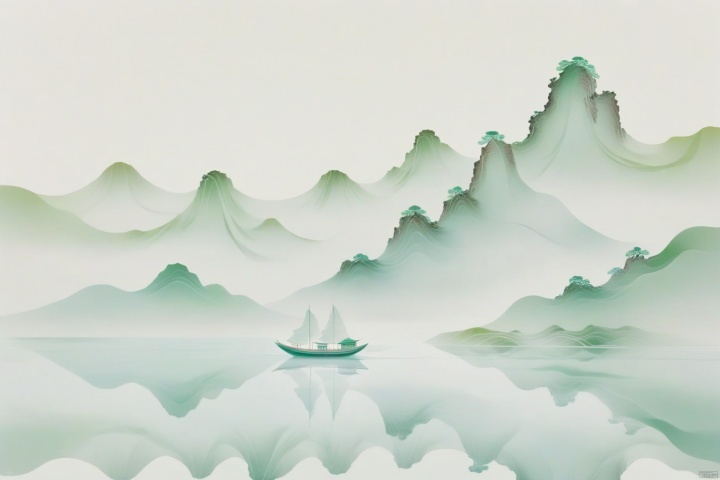 The undulating white-green gradient satin brocade,Minimalism, large areas of white space, mountain shape, water reflection, perspective aesthetics,soft gradient colors, a minimalist painting from ancient China, A little boat on the water, Silk refracts light, silk light sense, looking up perspective, miniature landscape, flow, large area white, ray tracing, close-up blur, silk refracted light, silk light sense, miniature landscape, three-dimensional sense