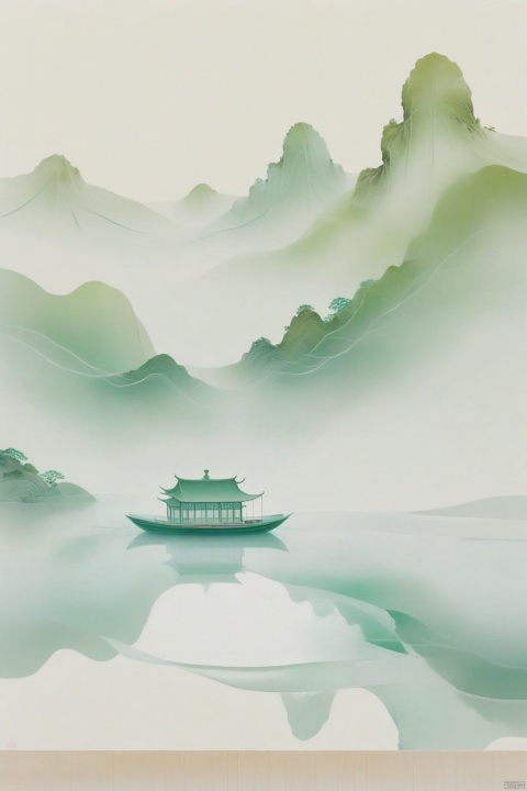 The undulating white-green gradient satin brocade,Minimalism, large areas of white space, mountain shape, water reflection, perspective aesthetics,soft gradient colors, a minimalist painting from ancient China, A little boat on the water, Silk refracts light, silk light sense, looking up perspective, miniature landscape, flow, large area white, ray tracing, close-up blur, silk refracted light, silk light sense, miniature landscape, three-dimensional sense