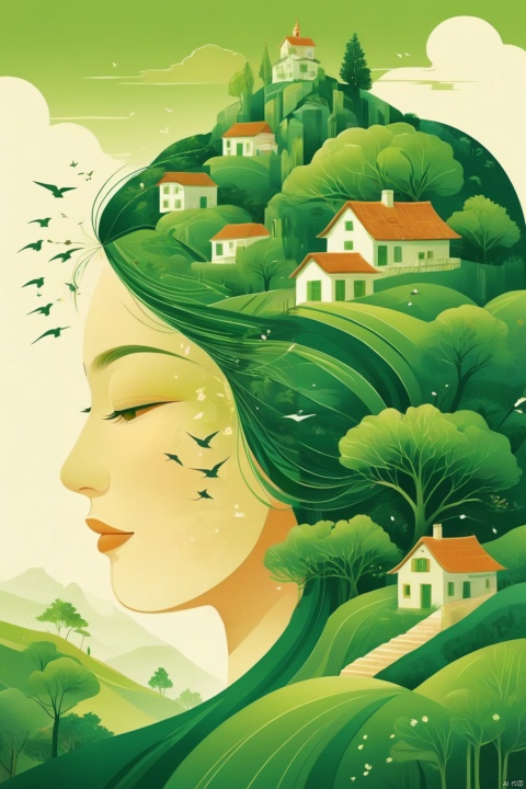 The girl's head is decorated with whimsical illustrations of houses, swallows, trees and hills in green tones, evoking the charm of a charming rural landscape. The background blends in with her hair, exuding an air of tranquility and creating a harmonious composition that captures the beauty of nature. The illustration symbolizes the harmony between humans and the environment, focusing on the face