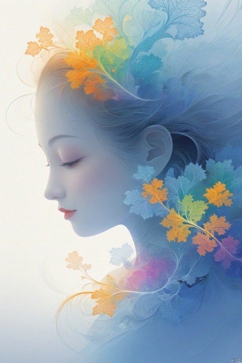 Official art, 8k wallpaper, super detailed, beautiful and beautiful, masterpiece, best quality, (fractal art: 1.3), lines, illustration, 1 girl head, white background, very detailed, bright colors, romanticism