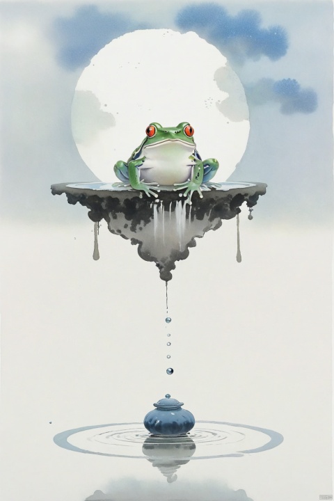 A frog, in a well, looking up at the sky, minimalist ink painting, large area of white, white background
