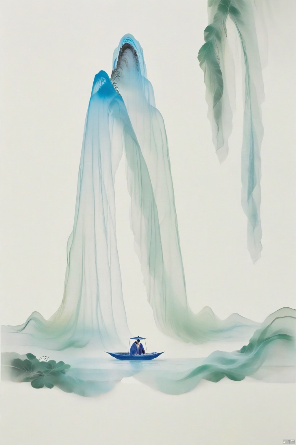 Chen Jialeng, ancient white, dynamic ink painting, tie-dye, X-ray, a leaf boat, translucent silk stacking, gauze curtain landscape stacking, light yarn, tulle, organza, film poster composition, story sense, dispersion gradient