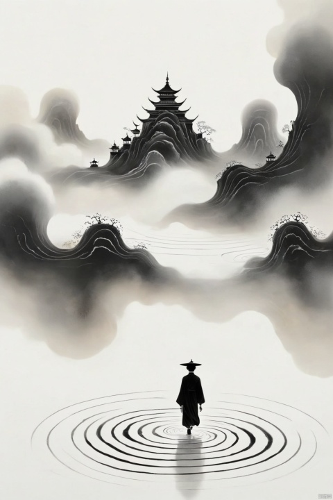 A boy silhouette with an aura of swirling colors, wandering on the edge of the abstract land of the dead,symbolizing the vastness and depth.white background, creating a surreal atmosphere, In his head is depicted as a surreal dreamscape filled with floating islands and ethereal creatures,with blowing patterns and dark hues. the colors are vibrant and fluid, capturing movement and energy in a dreamlike way, dark white color theme, digital art style, abstract art background, highly detailed.This artwork conveys a sense of wonder about life and death, longitudinal section,3d rendering 