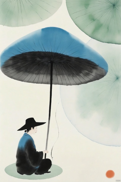 A lotus canopy, （mantle blowing with the wind, light sitting on it）, straw hat, splash-ink freehand, minimalist ink painting