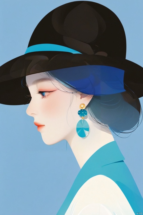  an illustration of a woman in a blue hat, in the style of light sky-blue and aquamarine, Close-up, Half-body, Minimalist design, classic japanese simplicity, delicate curves, colorful moebius, 32k uhd,Oriental flat aesthetics