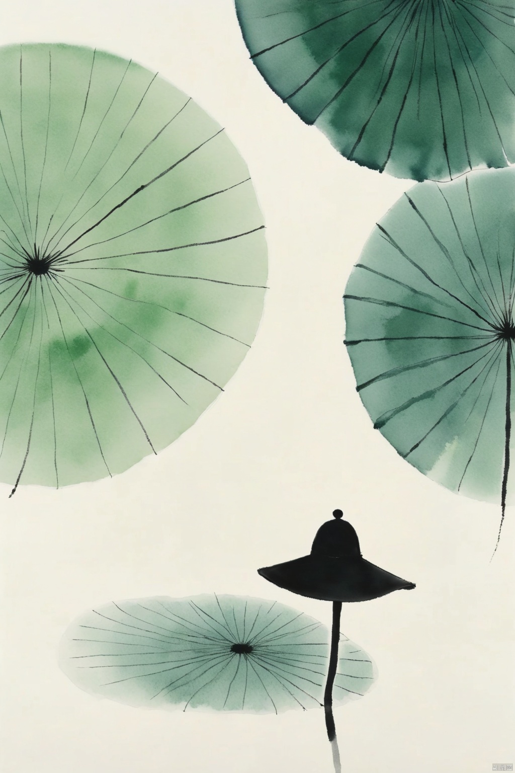 A lotus canopy, mantle blowing with the wind, light sitting on it, straw hat, splash-ink freehand, minimalist ink painting