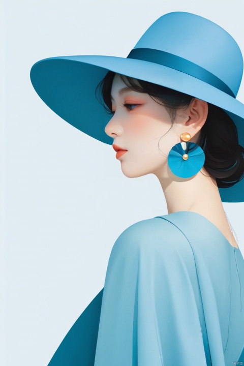  an illustration of a woman in a blue hat, in the style of light sky-blue and aquamarine, Close-up, Half-body, Minimalist design, classic japanese simplicity, delicate curves, colorful moebius, 32k uhd