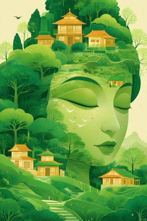 The girl's head is decorated with whimsical illustrations of houses, swallows, trees and hills in green tones, evoking the charm of a charming rural landscape. The background blends in with her hair, exuding an air of tranquility and creating a harmonious composition that captures the beauty of nature. The illustration symbolizes the harmony between humans and the environment, focusing on the face