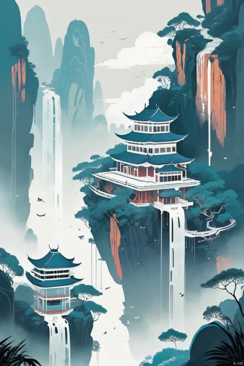 A house floating in the sky, made of glass and silvery metal, suspended above a utopian paradise reminiscent of Zhangjiajie's mountains., Cyberpunk Fantasy, Kilian Eng