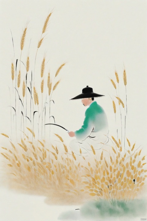 Chinese ink painting, simple drawing, Wu Guanzhong, simple lines, minimalism, farmer with straw hat, Golden wheat ears, pure white background, large area of blank space, ethereal Zen, high definition