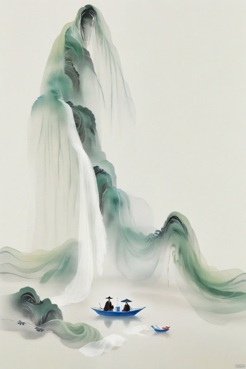 Chen Jialeng, ancient white, dynamic ink painting, tie-dye, X-ray, a leaf boat, translucent silk stacking, gauze curtain landscape stacking, light yarn, tulle, organza, film poster composition, story sense, dispersion gradient