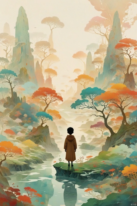 A boy silhouette with an aura of swirling colors, wandering on the edge of the abstract land of the dead,symbolizing the vastness and depth.white background, creating a surreal atmosphere, In his head is depicted as a surreal dreamscape filled with floating islands and ethereal creatures,with blowing patterns and dark hues. the colors are vibrant and fluid, capturing movement and energy in a dreamlike way, dark white color theme, digital art style, abstract art background, highly detailed.This artwork conveys a sense of wonder about life and death, longitudinal section,3d rendering 