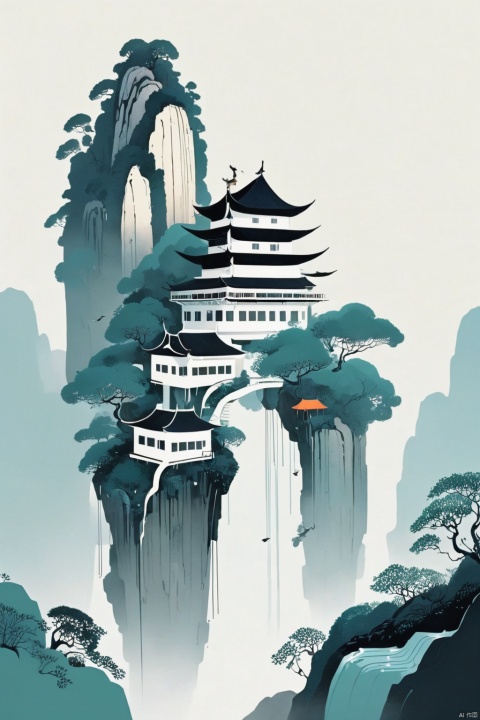 A house floating in the sky, made of glass and silvery metal, suspended above a utopian paradise reminiscent of Zhangjiajie's mountains., Cyberpunk Fantasy, Kilian Eng
