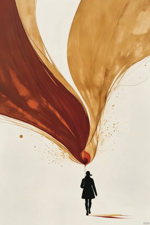 a drawing of someone walking through a snowy area, in the style of otto piene, light gold and crimson, poured, close-up, emotional abstraction, aerial photography, bold and vibrant primary colors,Oriental flat aesthetics