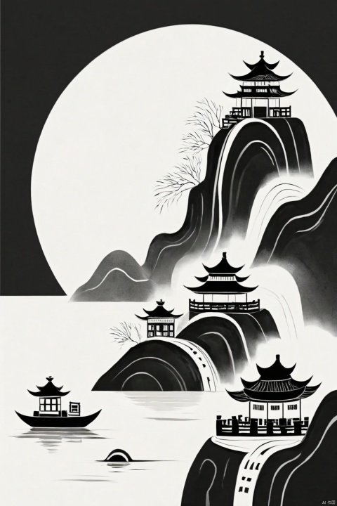chinese landscape, linear, woodcut style, black and white, flat, chinese culture inspired, minimalism, abstract outlines, elegant layout