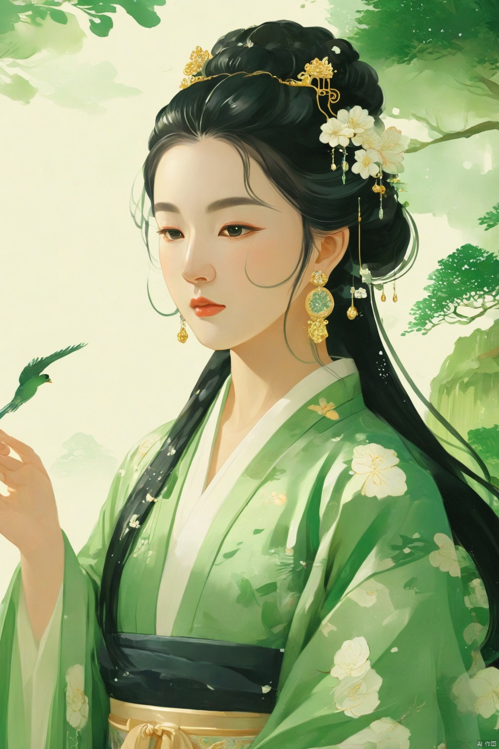  upper body,masterpiece,32k,extremely detailed CG unity 8k wallpaper, best quality, china goddess,1girl, long hair, black hair,see through hanfu,transparent shawl,1girl,****_female,standing,green,gold hairpin,
((upper_body)),long hair,earrings,jewelry,face focus, (perfect face), shiny skin, 
dress,(cloud pattern print hanfu), hanfu, 
forest, night background,metal,water, wet, 
masterpiece, best quality,depth of field, cinematic composition, best lighting,light master,RAW photo, dslr, film grain, Fujifilm XT3, night shot, light master,