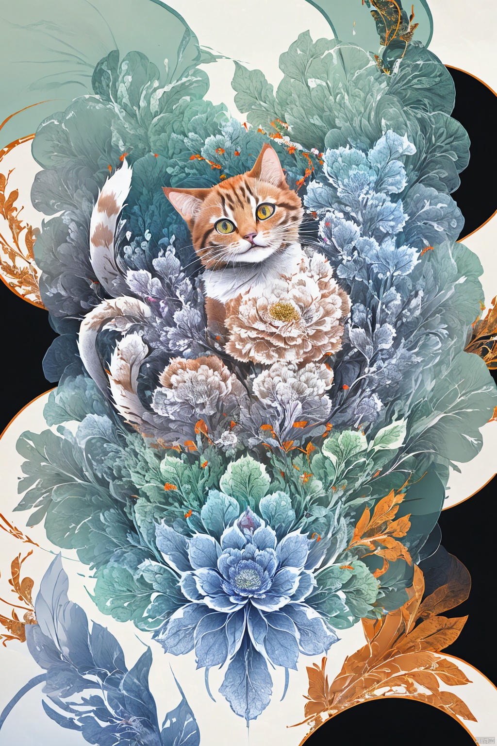 cute cat ,in Fractal Rococo style, with #ea9a81 and #b89ae0 and #ebc08c  intricate, recursive ornamentation Fractal 