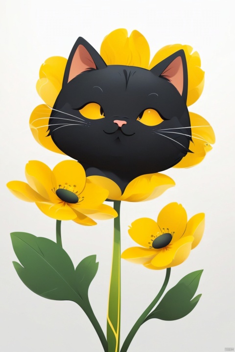 Cute, fluffy, chubby, little black cat's tummy, smelling a small yellow flower, exaggerated movements, 3d figures, white background, a bit fluffy, elongated shapes, cartoon style, minimalist