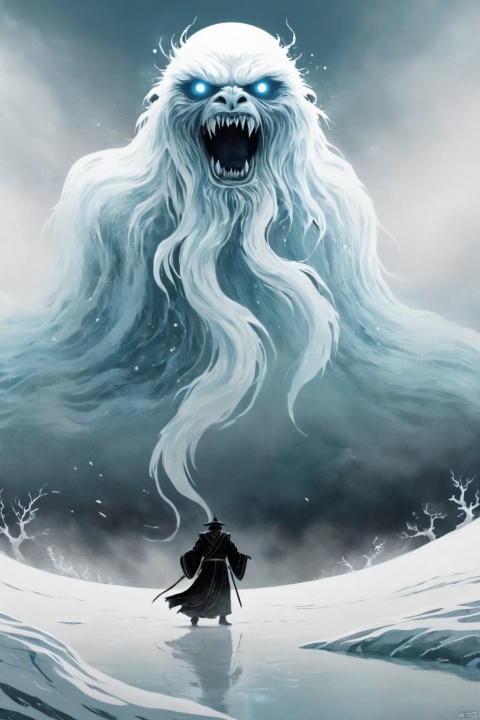 A creature, film effects, (extremely complex: 1.3), action poses, ice field sanctified with ghostly creatures, multiple eyes