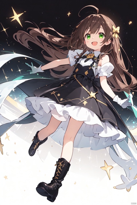 1girl, ahoge, boots, bow, brown_hair, copyright_name, dress, gloves, green_eyes, long_hair, looking_at_viewer, microphone, open_mouth, smile, solo, sparkle, star_\(symbol\), white_gloves