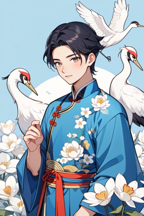 Chinese style man, black hair, blush, beautiful, blue clothes, white flowers, cranes, clean background