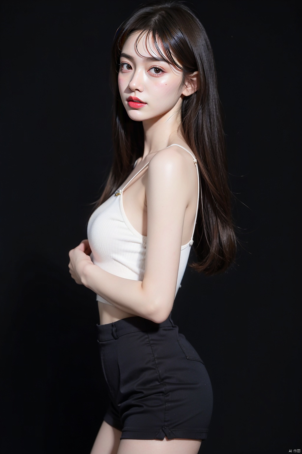 Best quality,masterpiece,ultra high res,(photorealistic:1.4),raw photo,(a 18-year-old girl), 1girl,solo,black hair,long hair,jewelry,bangs,looking at viewer,blunt bangs,upperbody,lips,straighthair,closedmouth,blackbackground,redlips,beads,moyou,eluosi,光影对比,阳光照在脸上,super long legs,skinny,pantyhose, sssr,whitethighhighs,,紧身衣,丝袜连体衣, 1 girl, dofas,超高跟鞋