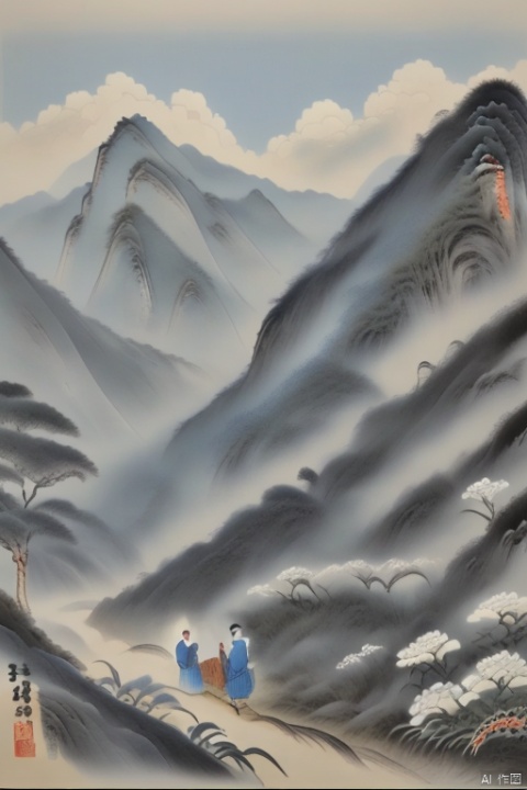 TSChinesestyle, traditional chinese ink painting,black and white ink painting,An old man wearing ancient Chinese clothing is farming in a wheat field, with rows of wheat fields behind him, blue sky, white clouds, and mountains, Blue and white porcelain style landscape