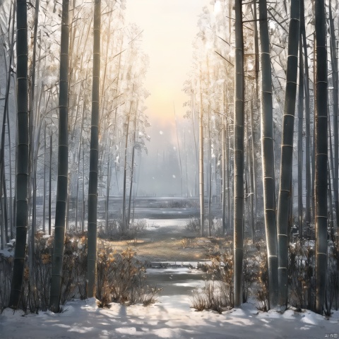 A serene winter landscape unfolds before us: a snowy expanse stretches out, with delicate grey_straight_bamboo stalks swaying gently amidst the frozen terrain of the bamboo forest. The sun casts a warm glow, illuminating the grey_straight_bamboo_forest rises majestically from the white ground. A subtle layer of grass (0.5) adds texture to the serene atmosphere, evoking a sense of peaceful tranquility.A ##( loomed_castle:0.5)## in the distance.#blue_sky#,