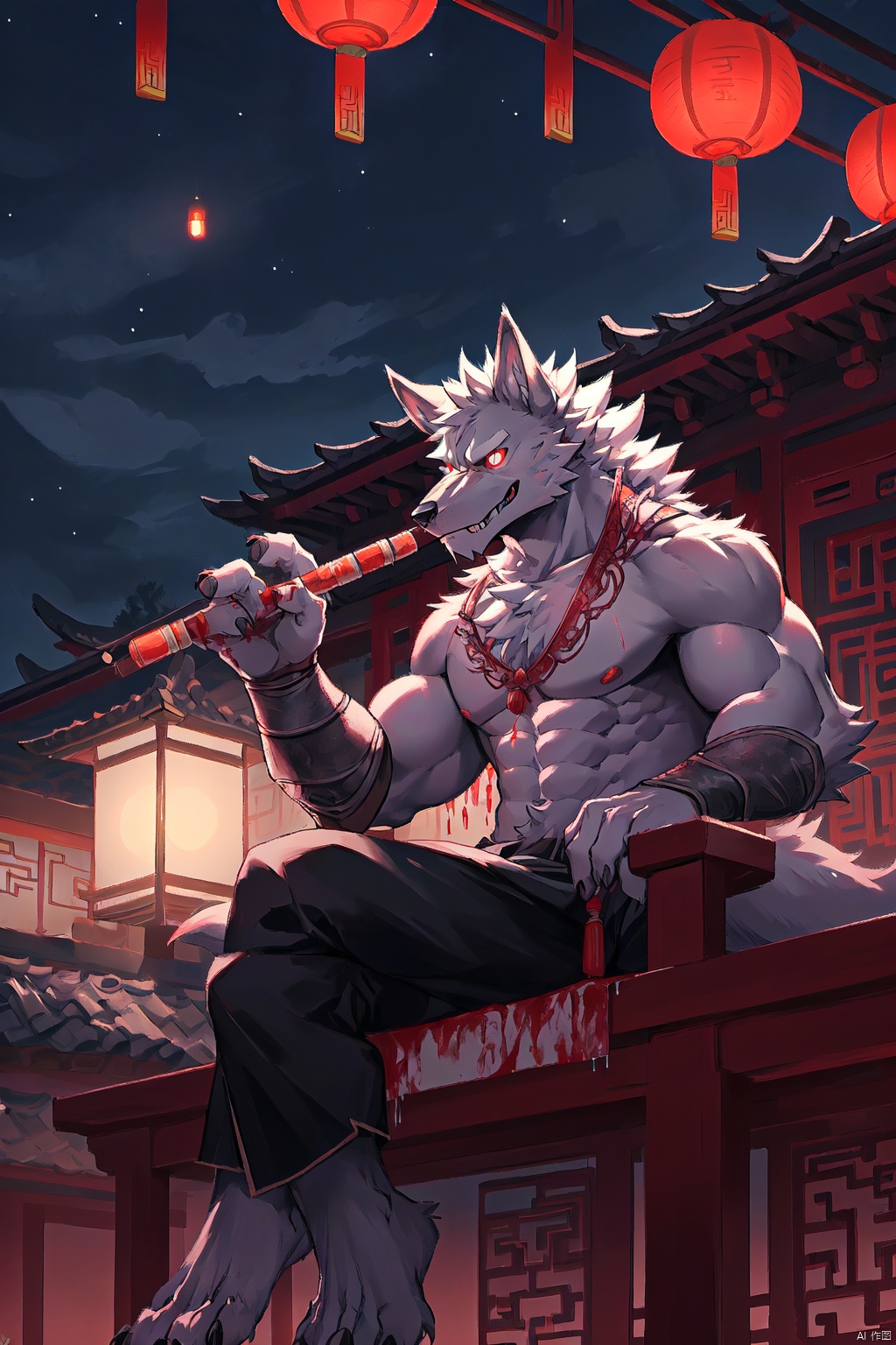 furry white werewolf blood pupil elegant temperament muscular black knight customer service Sitting on the roof at night playing the flute The house is an ancient Chinese style building There are many Kongming lanterns in the sky, furry