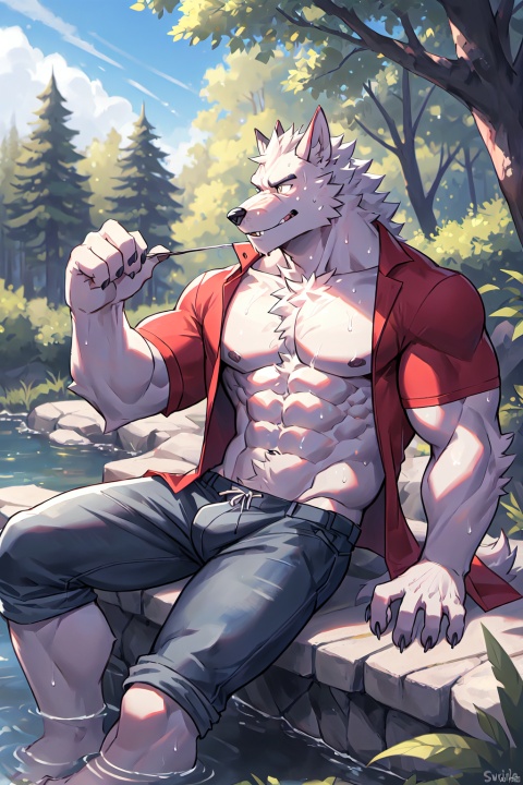 Furry,  the  white werewolf  is sitting by the creek. He is muscular and handsome. He has no clothes on his upper body, a towel on his shoulders, and shorts on his lower body. He is sweaty and has a leisurely look. He has fingers hooked on one hand. Hold the waistband of your pants and touch your chest with the other hand. There are trees around and the weather is sunny., furry