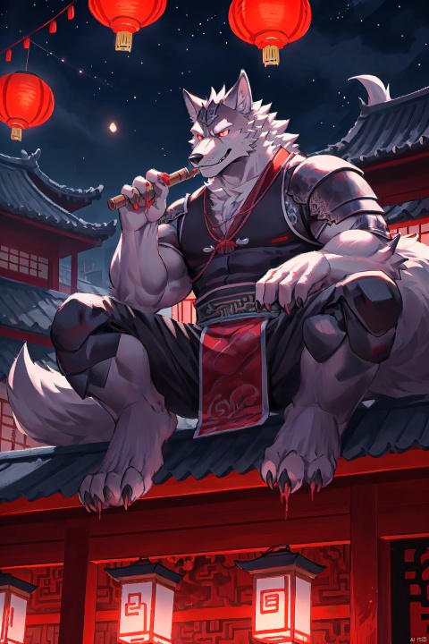 furry white werewolf blood pupil elegant temperament muscular black knight customer service Sitting on the roof at night playing the flute The house is an ancient Chinese style building There are many Kongming lanterns in the sky, furry