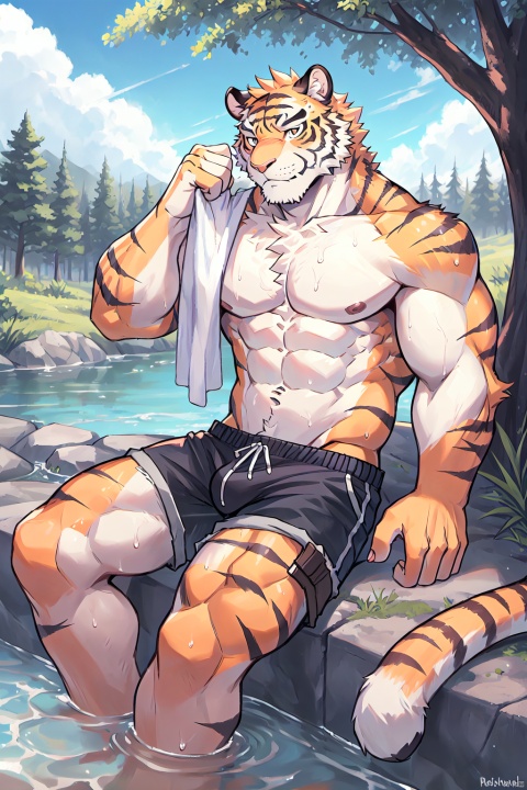 Furry, the tiger man is sitting by the creek. He is muscular and handsome. He has no clothes on his upper body, a towel on his shoulders, and shorts on his lower body. He is sweaty and has a leisurely look. He has fingers hooked on one hand. Hold the waistband of your pants and touch your chest with the other hand. There are trees around and the weather is sunny., furry