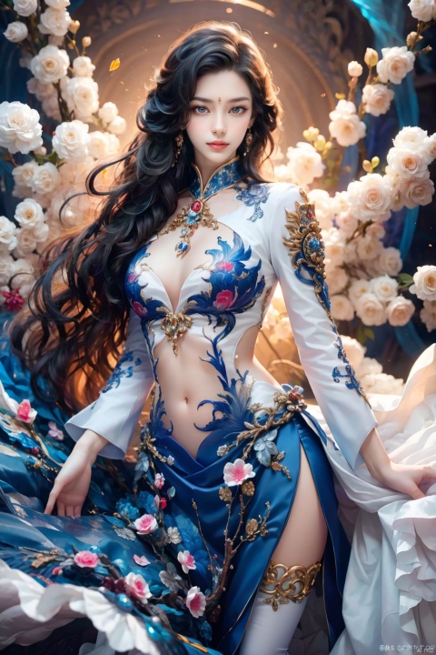  Luxury, beautiful, ultra realistic, ultra clear image quality, 8k, exquisite landscape background, king in the world, domineering empress, enchanting figure, hand placed behind, background with Holy Light Rune flashing, immortal aura diffuse, soft light. The water below shimmered with light. The other shore flower has a large chest, a navel exposed, and black stockings. Official art, unit 8K wallpaper, ultra detailed, beautiful and aesthetically pleasing, masterpiece, best quality, very detailed, dynamic angle, paper skin, radius, radiance, chaotic and most beautiful form, elegant, fauvism design, visual color, romanticism, divine realm In a painting, a girl, stands gracefully, and her presence radiates strength. (Masterpiece, best quality, more details, vertical, realistic, realistic, one detail, clear focus, movie lighting), ray tracing, ultra wide angle, 4K, award-winning,yuyao,1girl,handbag,pencil_skirt,skirt, background blur, simple background,(White clothes:1.6),Chest wrap, clothes without patterns,(Long hair: 1.5),)