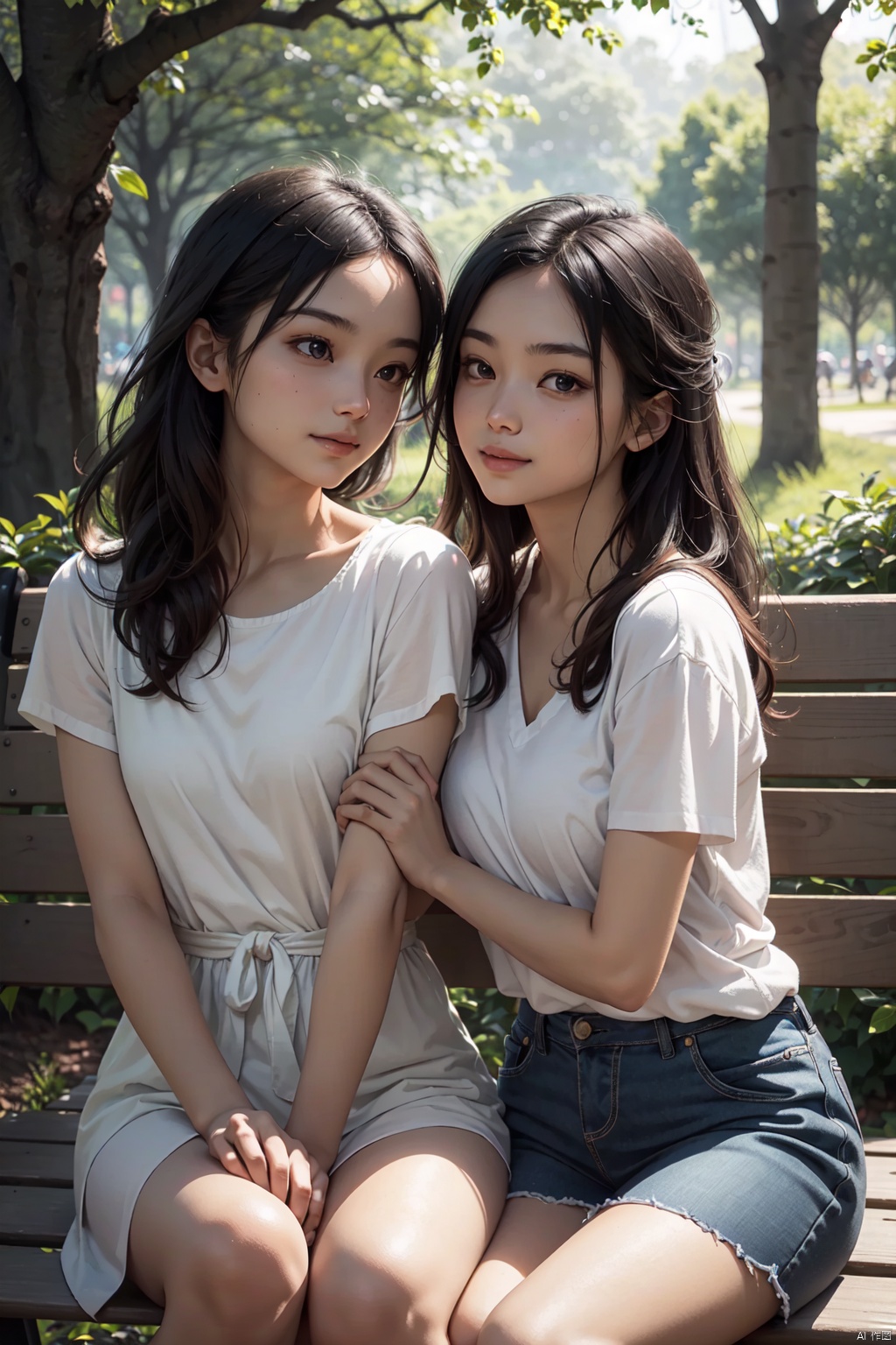 Two friends sit on a worn wooden bench in a serene park, surrounded by lush greenery. Soft afternoon sunlight casts a warm glow, highlighting the gentle creases on their faces as they engage in a deep conversation. They lean forward, eyes locked in a serious and focused stare, hands moving with natural gestures to emphasize their points. The quiet atmosphere amplifies the sincerity of their communication, as if the world outside has melted away.