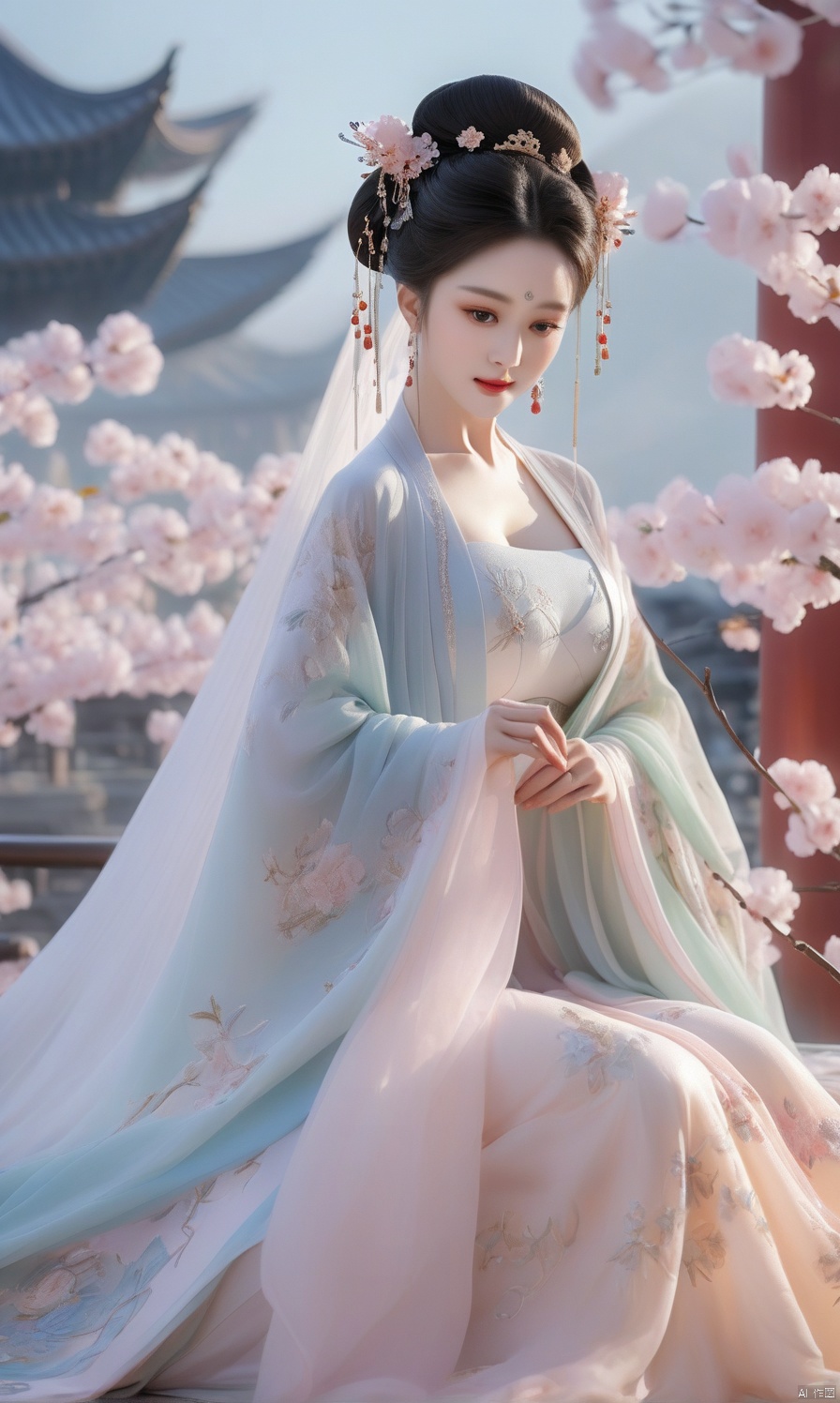 Best quality,realistic,photorealistic,masterpiece,extremely detailed CG unity 8k wallpaper,best illumination,best shadow,huge filesize,incredibly absurdres,absurdres,looking at viewer,

transparent,smog,gauze,vase,petals,traditional chinese room,detailed background,wide shot background,

1gilr,Hairpins,hair ornament,slim,narrow waist,(huge breasts:1.8),(Full chest),perfect eyes,beautiful perfect face,perfect female figure,detailed skin,delicate pattern,detailed complex and rich exquisite clothing detail,delicate intricate fabrics,charming,alluring,seductive,erotic,enchanting,

hanfu,song style outfits,daxiushan,daxiushan style, daxiushan,hanfu, Realistic