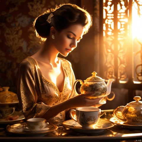 一位令人惊叹的模特抱着一杯精致的热茶,背景是复古茶具、图案复杂的瓷器和散落的茶叶。金色的阳光在现场投下舒适的光芒,突出了模特在品尝芳香茶饮时的优雅姿势。