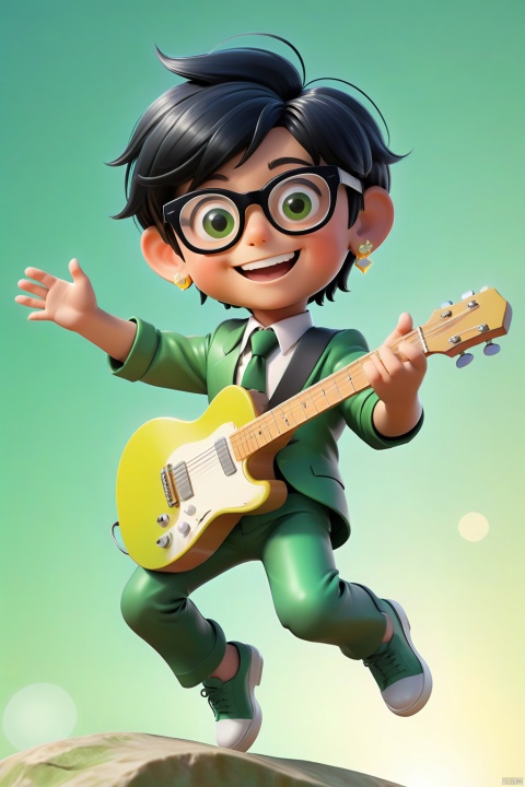 A vibrant and energetic 3D image of a boy wearing glasses and playing guitar while jumping up. He has big, shining eyes with a warm smile on his face, framed by black hair that flows behind him. His green clothes are dynamic and textured, matching the excitement in his pose. A tie adds a touch of elegance to his outfit, while gold earrings glint in the light. In the background, a rock formation rises up, set against a bright, HD-lit sky with a subtle gradient effect. The overall composition is playful, fun, and full of energy, inviting the viewer to jump into the scene.