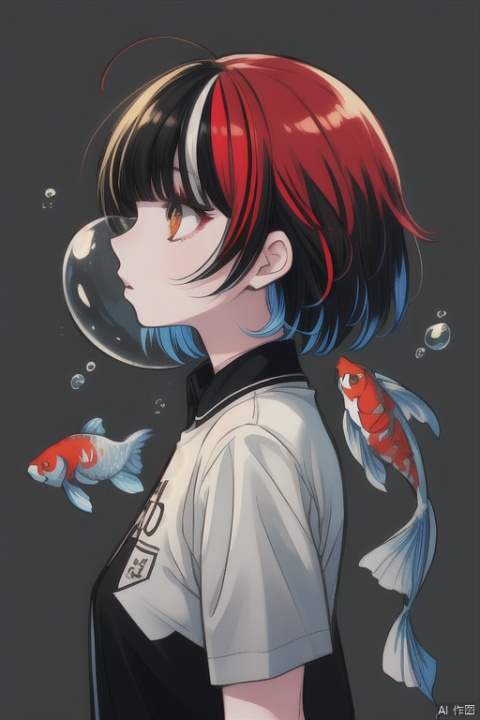 1girl, solo, short hair, bangs, black hair, red eyes, yellow eyes, upper body, red hair, multicolored hair, grey background, from side, streaked hair, black shirt, profile, makeup, eyeshadow, fish, bubble, air bubble, goldfish, koi