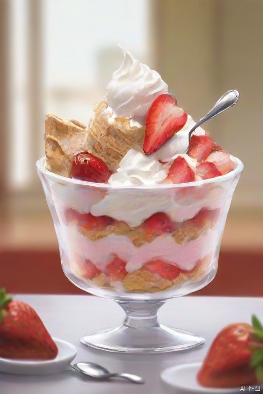 food, blurry, no humans, fruit, blurry background, ice cream, strawberry, spoon, food focus, cream, parfait, still life, dessert, whipped cream,yyy